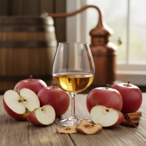 verre de calvados avec des pommes sur la table