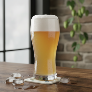 bière très blanche au blé bien fraîche sur table en chêne